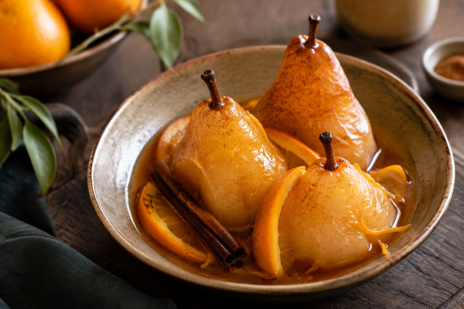 Peras cozidas com laranja e canela: sobremesa de panela